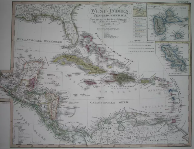 1857 Rare Original Map West Indies Caribbean Antilles Cuba Jamaica Florida