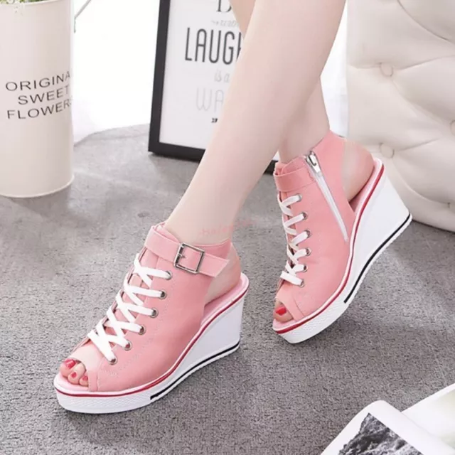 HOT Womens Wedge Heels Canvas Lace Up Platform Sneakers Sandals Open Toe Shoes 2