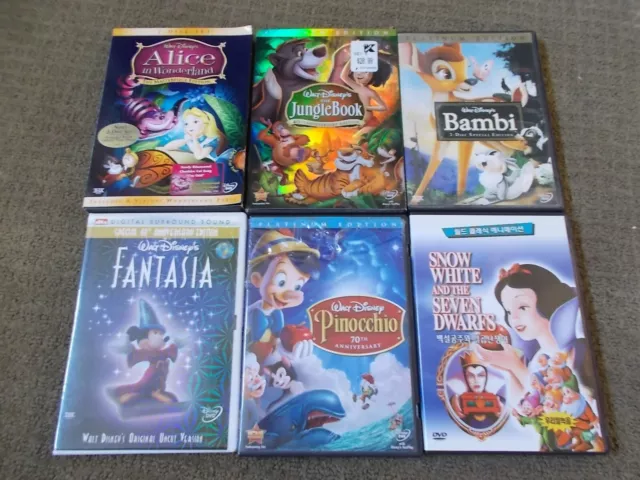 Lot 6 Disney Classic Animated Movies Snow Wh Bambi Alice Pinocchio Jngl Fant DVD