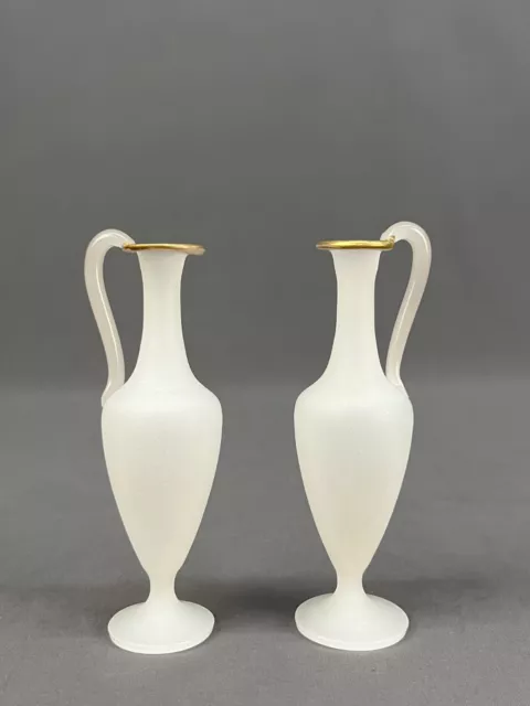 Pair of Antique French White Opaline Miniature 5 1/4" Ewers with Gold Rims