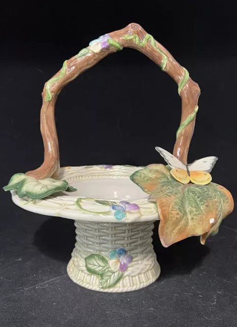 Vintage Fitz and Floyd Classics Old World Rabbits Butterfly Ceramic Basket 11”