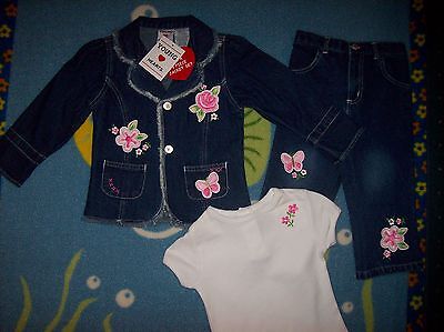 Young Hearts Outfit Girls 3pc Set Denim Jacket Jeans, Top Fringe Flowered 5  NWT