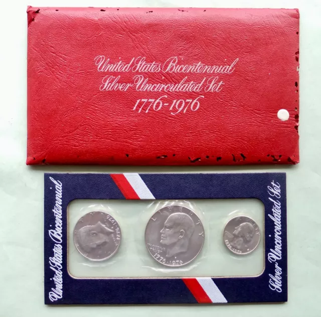 1976 "S" U.S. Mint Bicentennial 40% SILVER Uncirculated BU 3 Coin Set. Sealed.