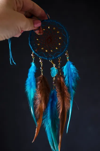 Car Small Turquoise Dream Catcher Beaded Car Wall Hanging Bead Ornament Feathers