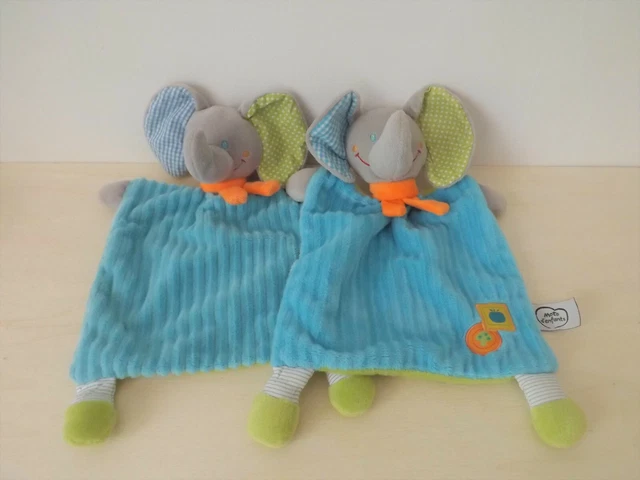 lot deux doudous éléphant gris bleu vert mots d'enfants