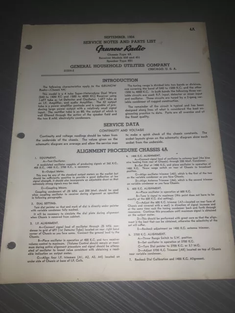 Grunow Radio Model 450 & 451 Service Notes & Parts List Original Copy,1934.