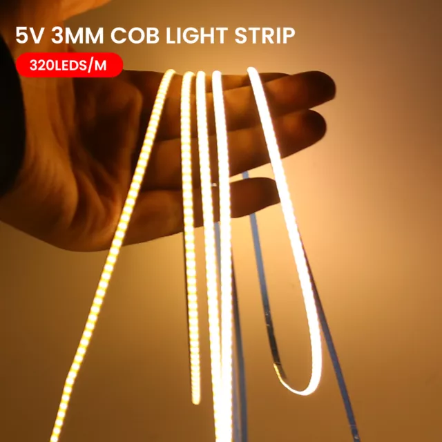 Ultra Thin COB LED Strip 5V 3mm Width Flexible Tape Light 320LED/m Self Adhesive 2