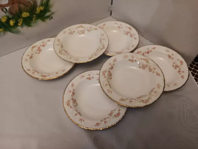 6 Vintage Pope Gosser China FLORENCE 5 3/4" Fruit Bowls Pink Rose w/Gold