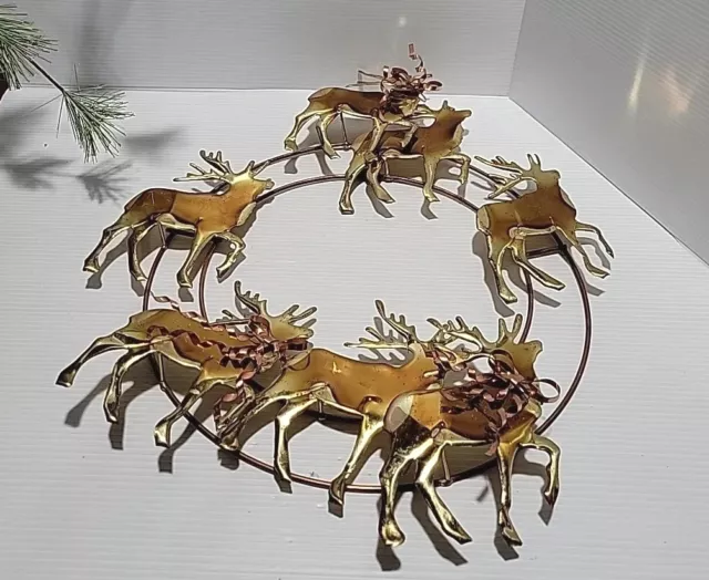 Vintage Brass & Copper Reindeer Wreath Christmas Door or Wall Decor Seasonal