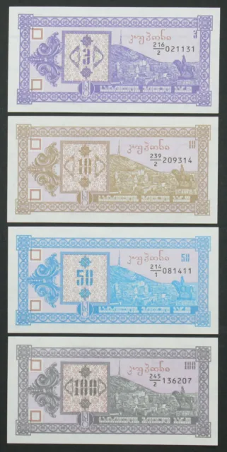 GEORGIA - SET of 4 Banknotes - 3 10 50 100 Kuponi 1993 - P34 P36 P26 P38 (UNC)