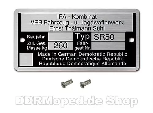 Typenschild Simson Roller SR50 Rahmenplakette 2 Kerbnagel