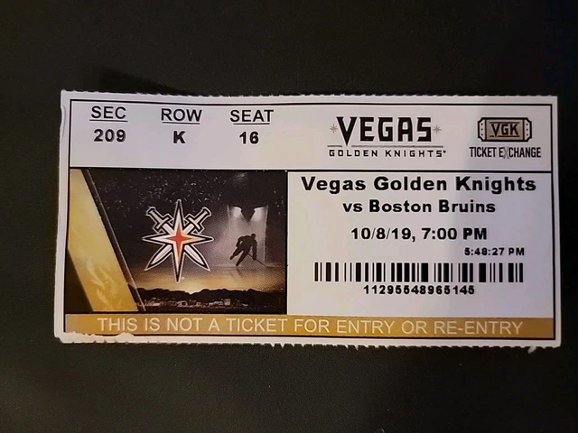 GOLDEN KNIGHTS GAME Ticket Stub 10/8/19 Boston Bruins (1 stub