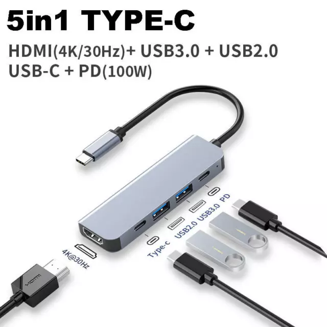 5 in 1 Type-C 4K HDMI USB C 3.0 HUB PD100W Charging Adapter For Macbook Pro Air