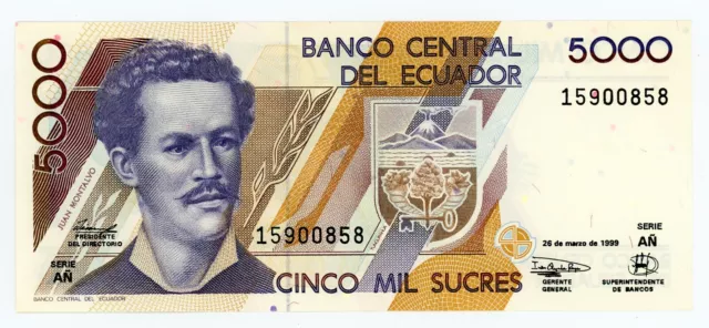 Ecuador  … P-128c … 5.000 Sucres … 1999 … Choice*UNC*.  Serie "AN"