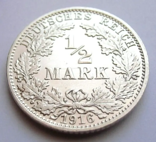 (314)Rare Germany Empire 1/2 Mark Silver Coin 1916 A  -  0.900 Silver