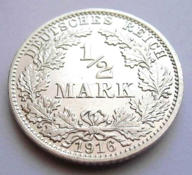 (314)Rare Germany Empire 1/2 Mark Silver Coin 1916 A  -  0.900 Silver