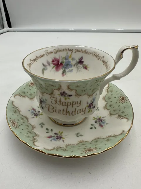 ROYAL ALBERT Vintage “Happy Birthday” Languages Bone China Tea Cup + Saucer Rare