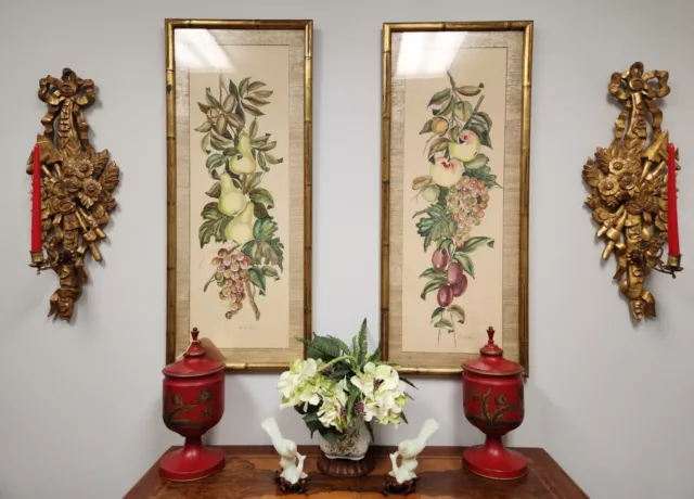 Pair Vintage Wood Metal Italian Style Gilt Floral Candle Wall Sconce Sconces