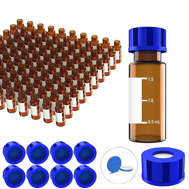 2ml Autosampler Vials 100Pack - HPLC Vial | 9-425 Amber Vial with Blue Screw Cap