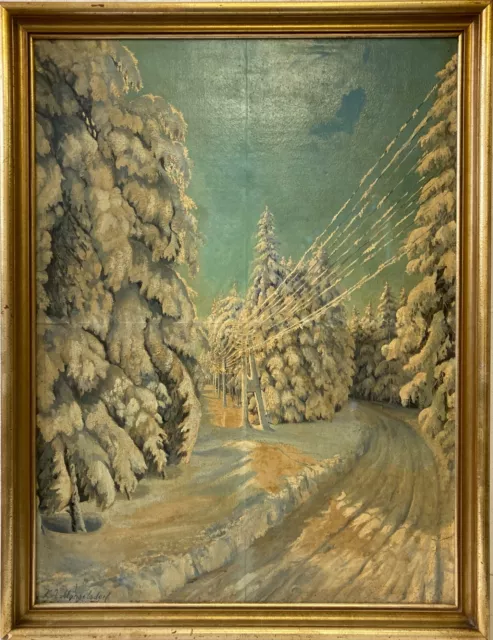 Ölbild Impressionist Winterlandschaft Telegrafenmasten K.A. Mangelsdorf signiert