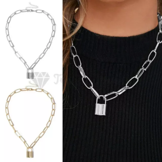 Stainless Steel Silver Gold Padlock Pendant Paperclip Link Alloy Chain Necklace