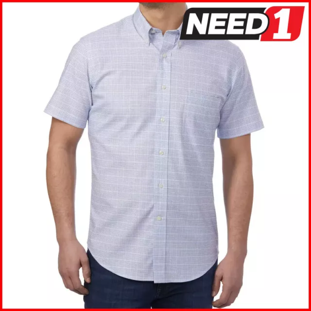 Kirkland Signature Men's Short Sleeve Non Iron Shirt | White Blue Plaid
