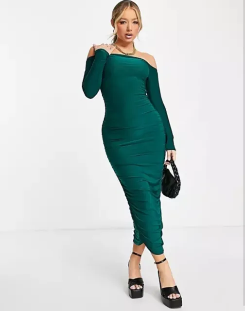 Missguided Bardot Slinky Ruched Midaxi Dress In Deep Green UK 8