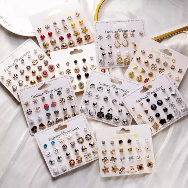 Fashion 12 Pairs Pearl Crystal Flower Earrings Set Ear Stud Women Jewellery Gift