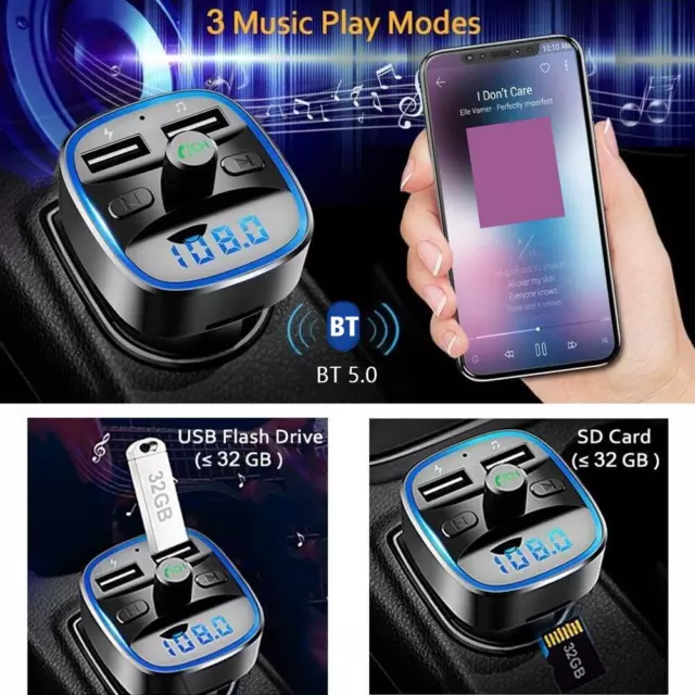 Bluetooth 5.0 Car FM Transmitter Wireless MP3 Player Radio 2 USB Charger Adapter