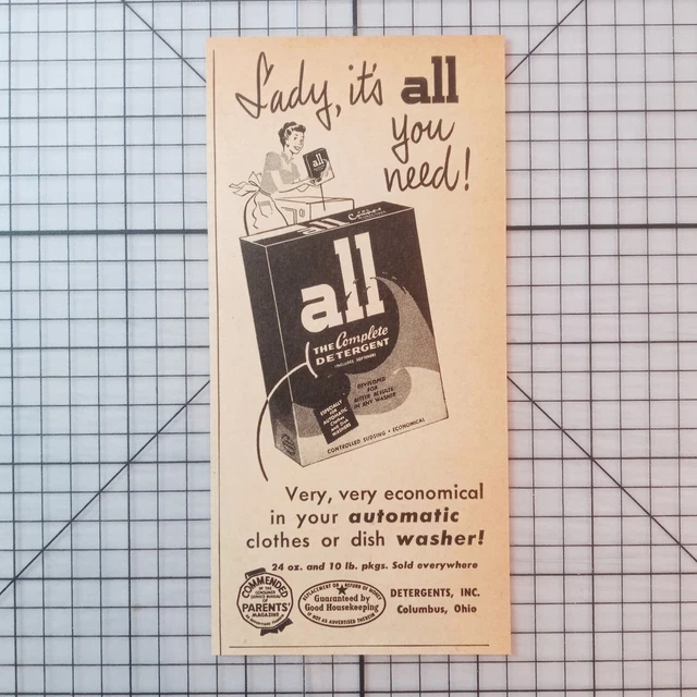ALL DETERGENT 1950S vintage print ad dishwashing washing machine