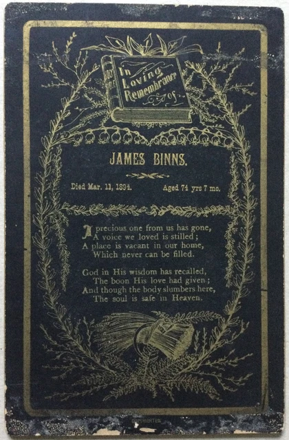 Vintage Funeral Card, 1894, Jackson County, Iowa, James Binns