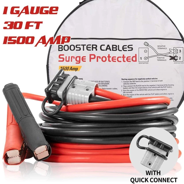 Booster Jumper Cables Heavy Duty 1 Gauge 1500 AMP 30 FT with Quick Connect Plugs
