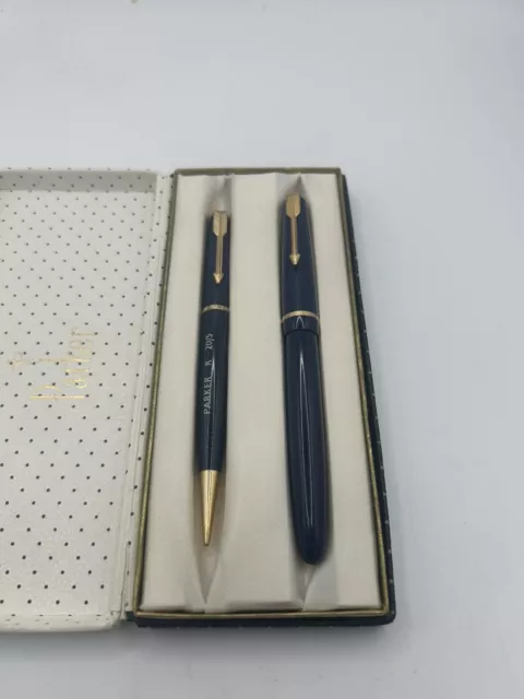 Vintage Parker Junior Fountain Pen & Pencil Set, Navy, 14ct Nib, Chalk Mark