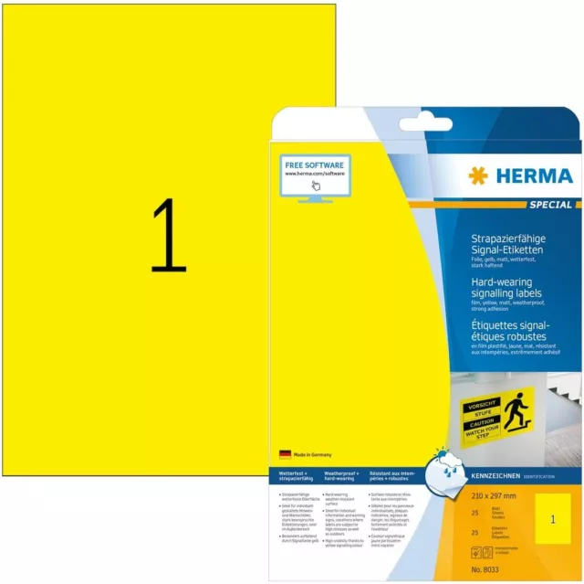 HERMA 8033 Wetterfeste Folien-Etiketten DIN A4 210 x 297 mm, 25 Blatt, Polyeste