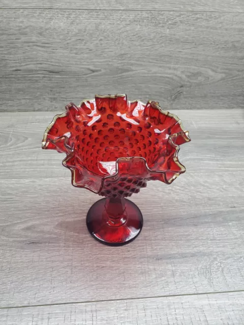 Vtg Fenton Ruby Red Amber Hobnail Open Candy Compote Ruffled Pedestal