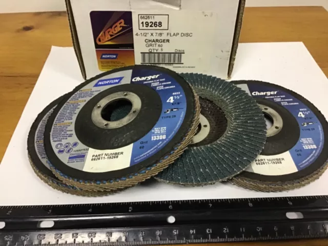 Qty (5) Norton "Charger"  4 1/2" X 7/8" Flap Discs, 60 Grit, 662611-19268