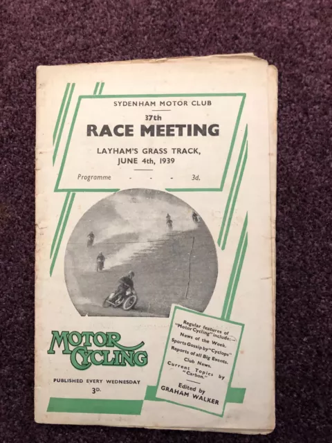 Grass track racing programme pre war Layham's 4th June 1939