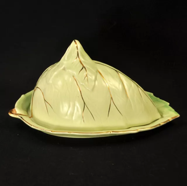 Royal Winton Grimwades Butter Cheese Keeper Leaf Ware Light Green w/Gold 1950's