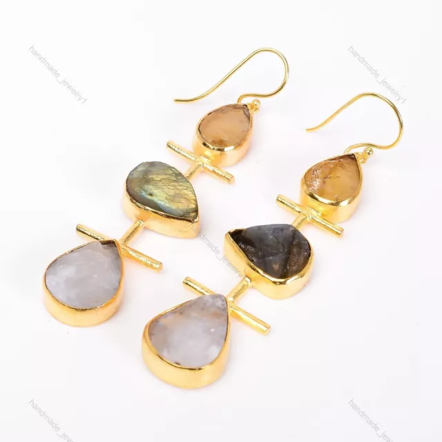 Natural Rainbow Moonstone Druzy Gemstone Drop/Dangle Earrings 925 Silver