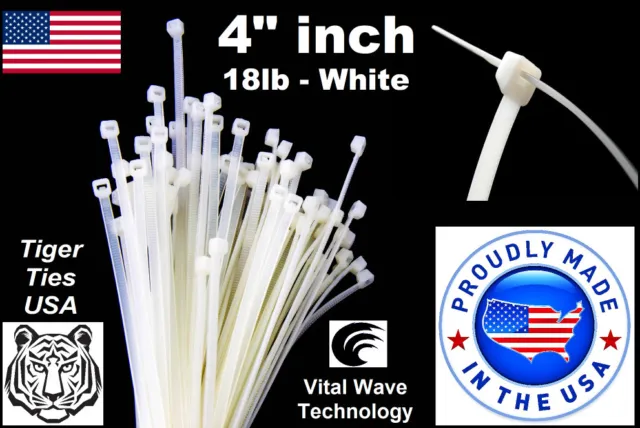 1000 White 4" inch Wire Cable Zip Ties Nylon Tie Wraps 18lb USA Made Tiger Ties