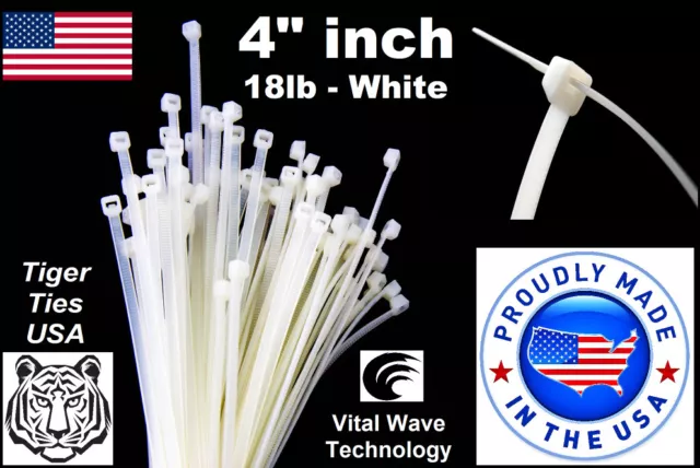 500 White 4" inch Wire Cable Zip Ties Nylon Tie Wraps 18lb USA Made Tiger Ties