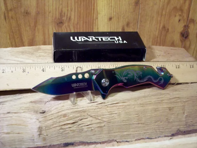 Wartech 4.5" Assisted Open Knife 1065 Surgical Steel Blade Rainbow Titanium Coat