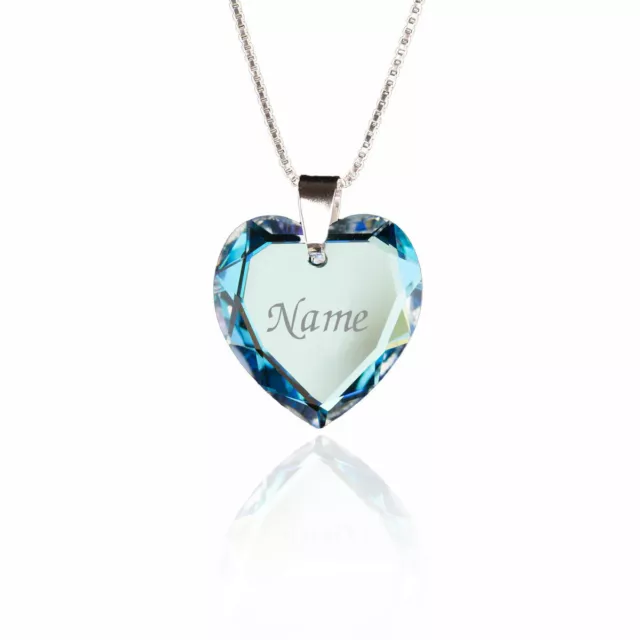 Damen Kette mit Gravur Silber Swarovski Elements Herz Blue Anhänger Namen Gravur