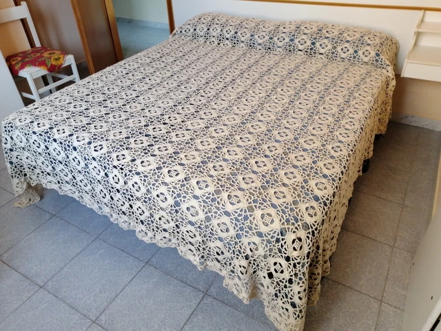 Couvre-lit Matrimonial Fait Main En Coton – Crochet Italien – Beige