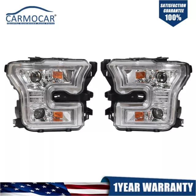 Chrome LED Bar Dual Projector Headlights Pair For Ford F150 F-150 2015-2017