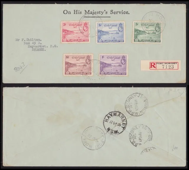 Papua :1938 Declaration set 2d to 1/- on Registered First Day Cover to Australia