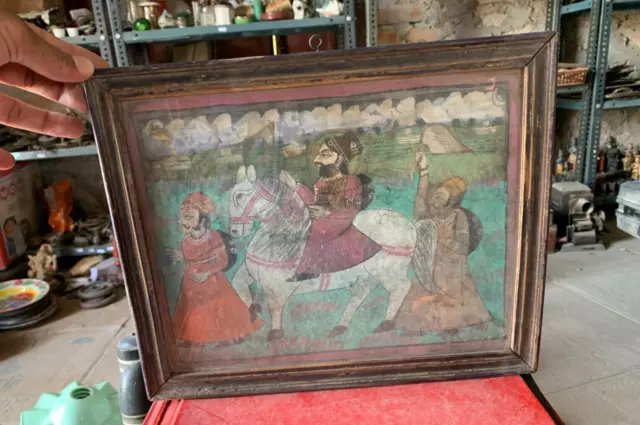 Antique Indian Hand Painted Mughal King Riding Horse Rajasthan Painting Framed