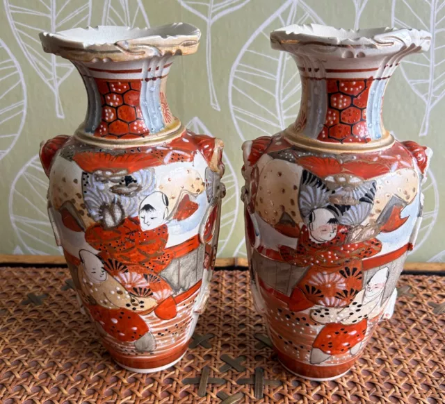 Pair Meiji period Satsuma vases, 9 inch, hand painted, 1890-1910, stoneware