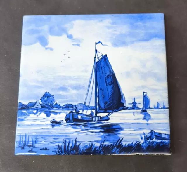 Vintage Delft Style Nautical Wall Tile Blue/White Sailboats by Boizenburg 6" GDR