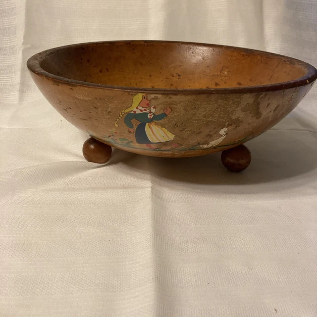 Vintage Wooden Pedestal Wooden Fruit Bowl 13" Hand Painted